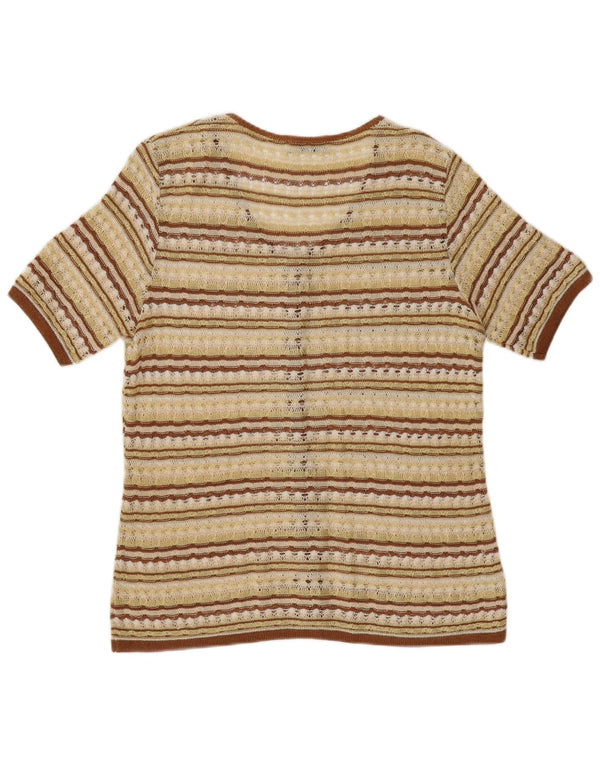 Suéter cardigã feminino vintage de manga curta UK 12 listrado amarelo médio