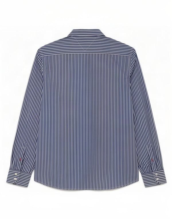 Camisa masculina Tommy Hilfiger média listrada de algodão azul marinho