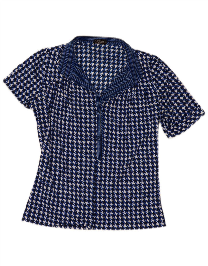 Blusa feminina vintage UK 10 pequena azul marinho Houndstooth