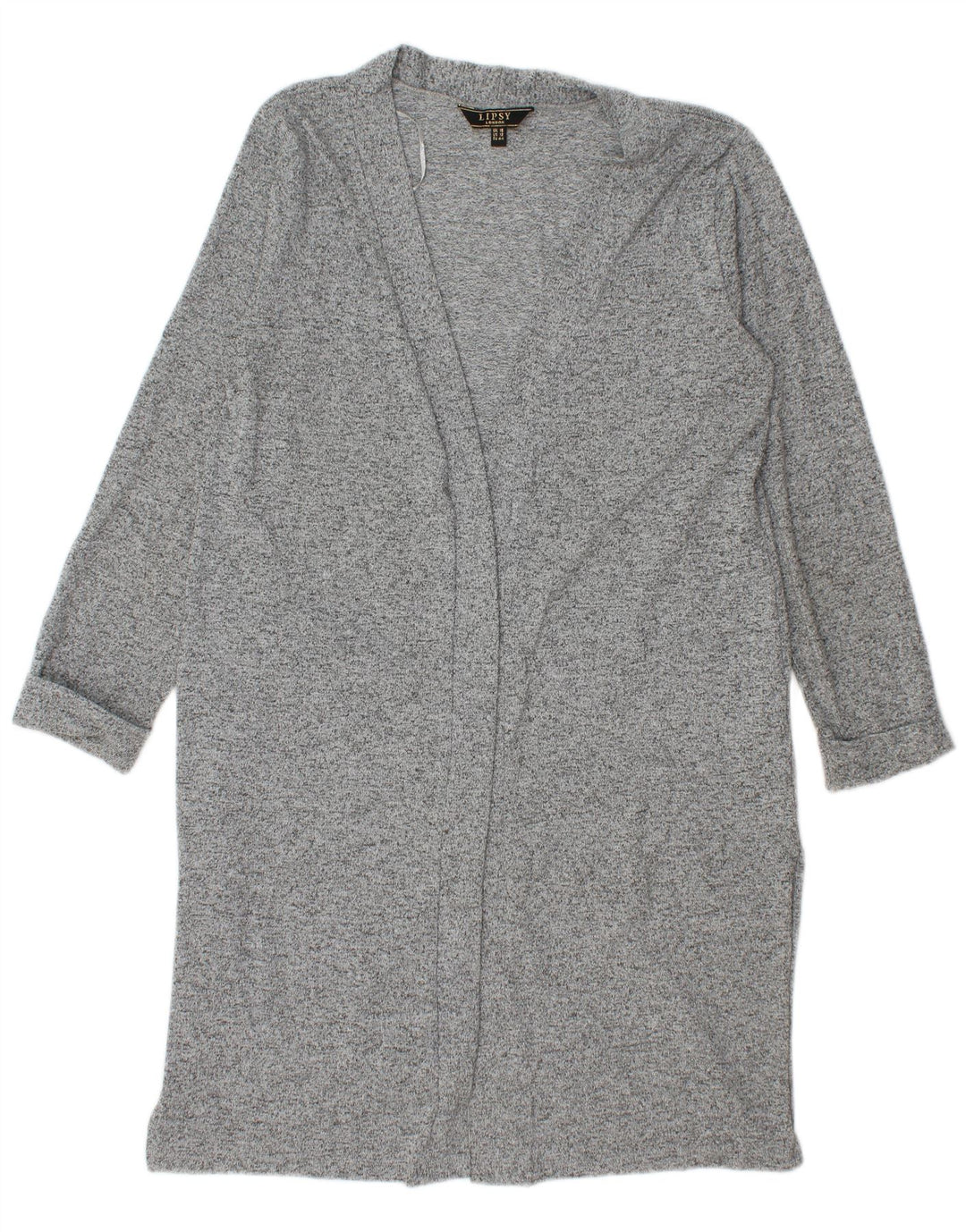 Suéter feminino Lipsy Longline Cardigan UK 16 grande poliéster manchado cinza