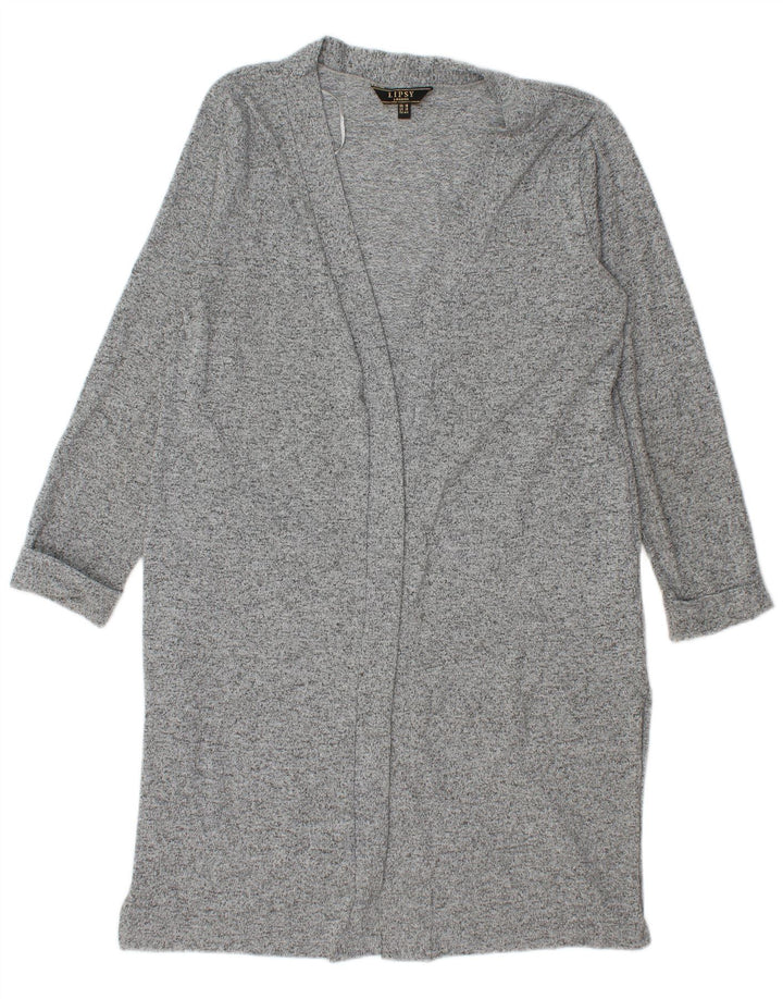 Suéter feminino Lipsy Longline Cardigan UK 16 grande poliéster manchado cinza