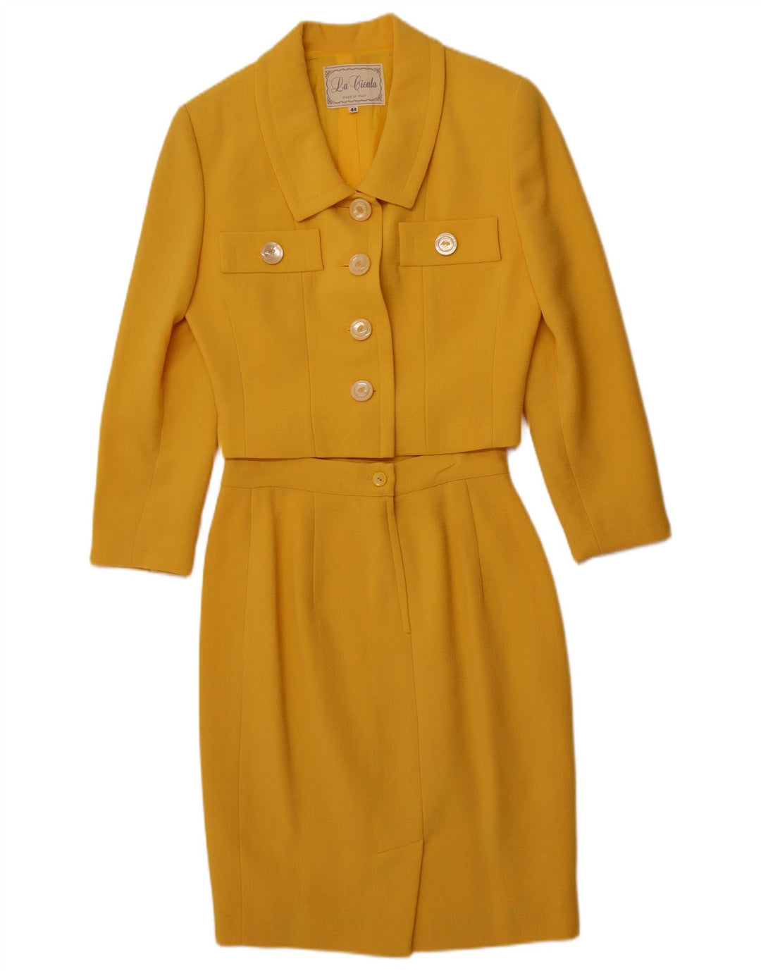 Conjunto de saia feminina VINTAGE com 4 botões e 2 peças IT 44 médio W26 lã amarela