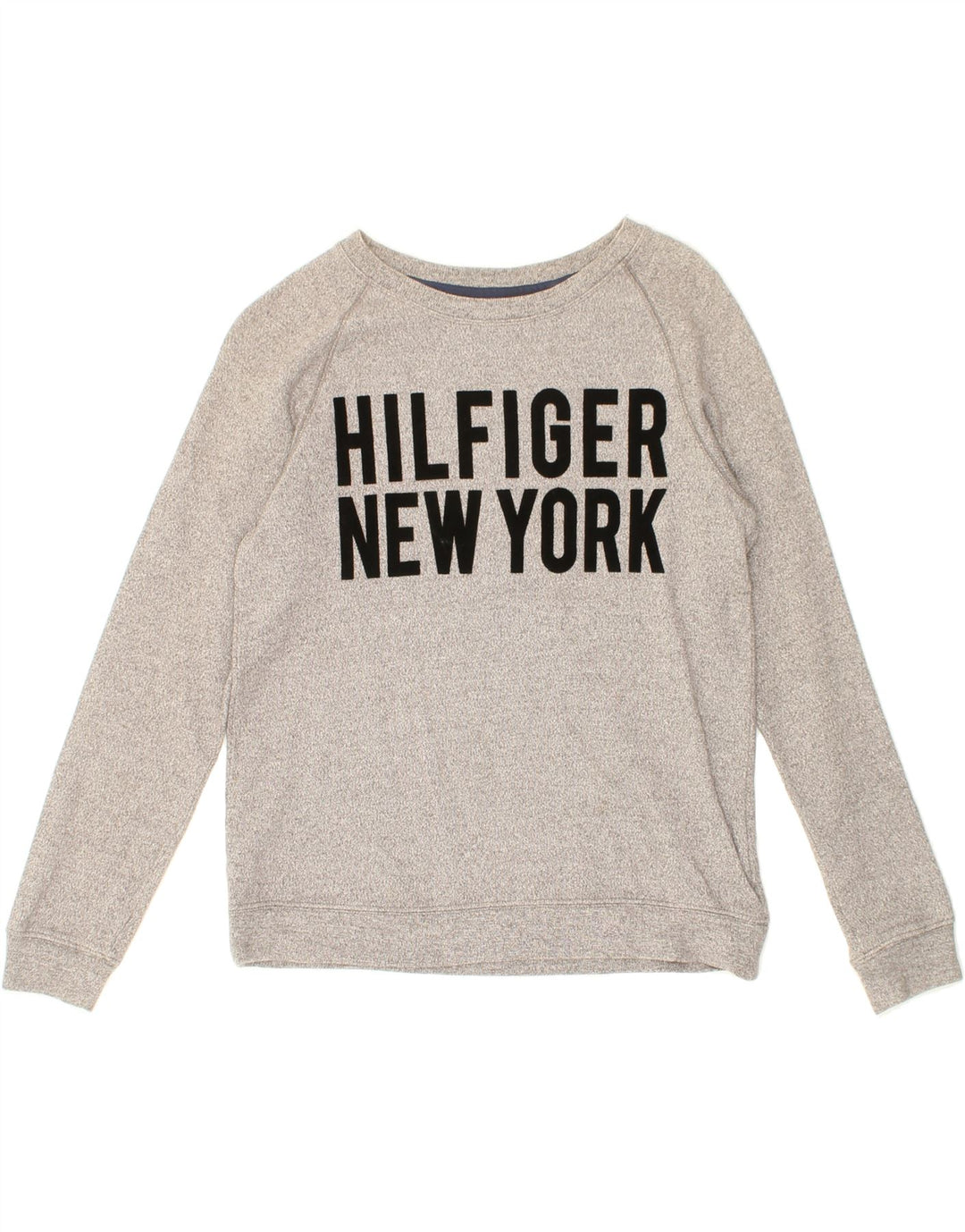 TOMMY HILFIGER Womens Oversized Graphic Sweatshirt Jumper UK 6 XS Grey Vintage Tommy Hilfiger and Second-Hand Tommy Hilfiger from Messina Hembry 