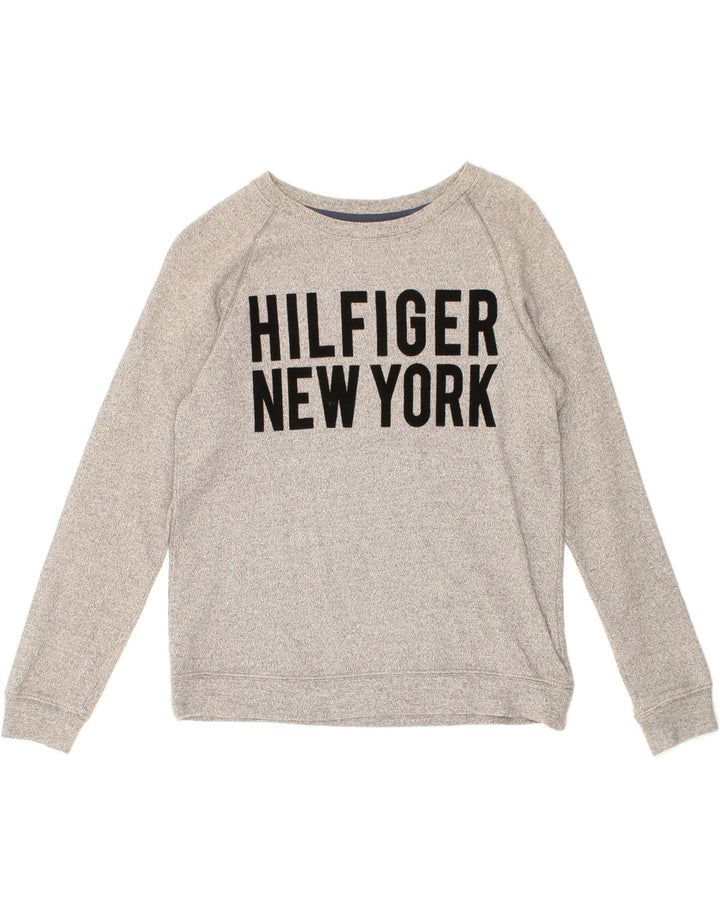 TOMMY HILFIGER Womens Oversized Graphic Sweatshirt Jumper UK 6 XS Grey Vintage Tommy Hilfiger and Second-Hand Tommy Hilfiger from Messina Hembry 