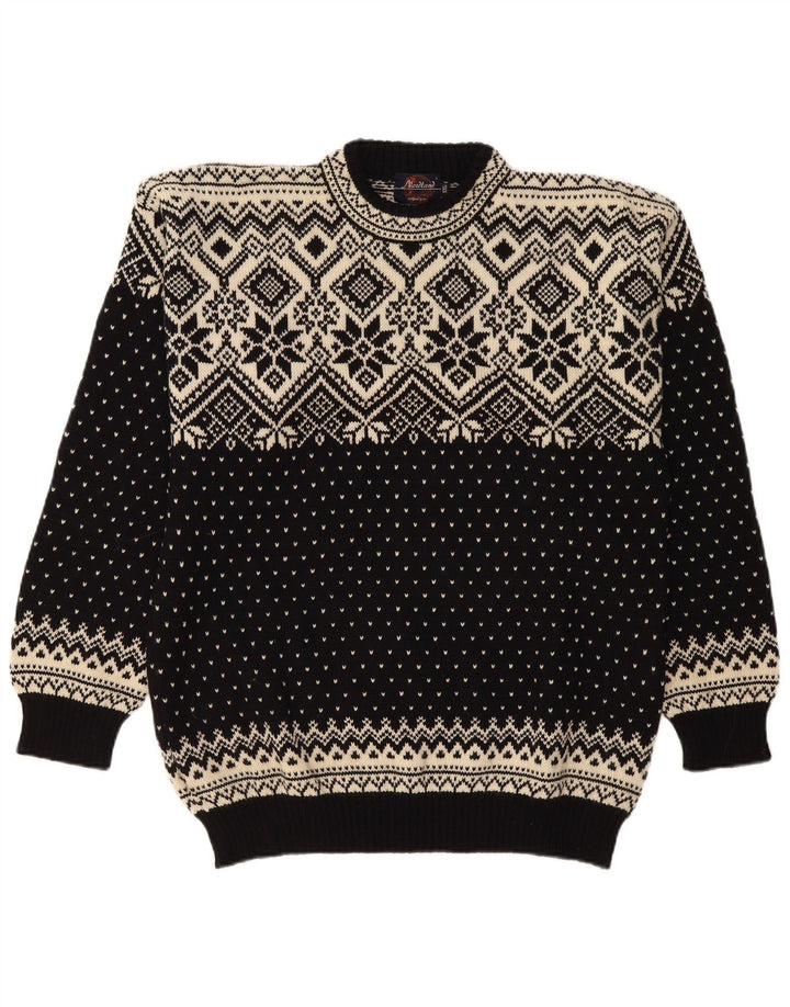 Suéter vintage masculino com gola redonda 2XL preto Fair Isle Virgin Wool