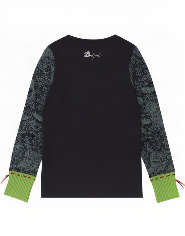 Top gráfico feminino Desigual manga comprida UK 14 grande azul marinho floral