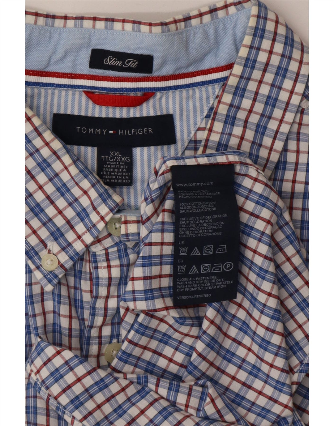 TOMMY HILFIGER Camisa masculina de manga curta slim fit 2XL algodão xadrez azul