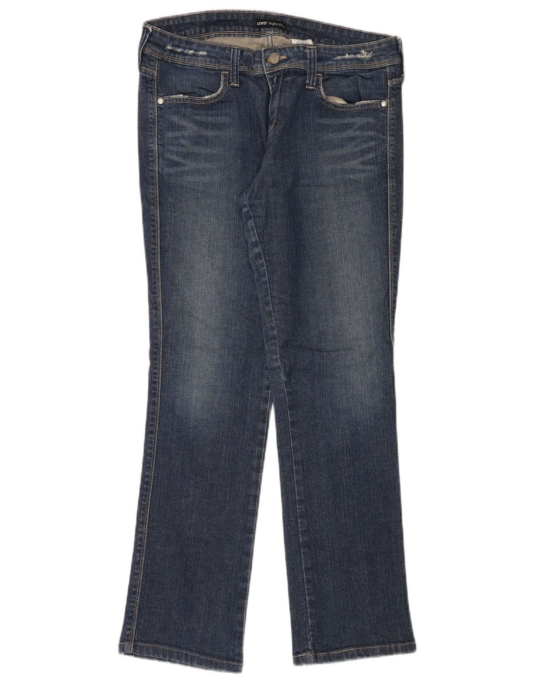 Calça jeans reta feminina Levi's desgastada US 10 grande W32 L32 algodão azul