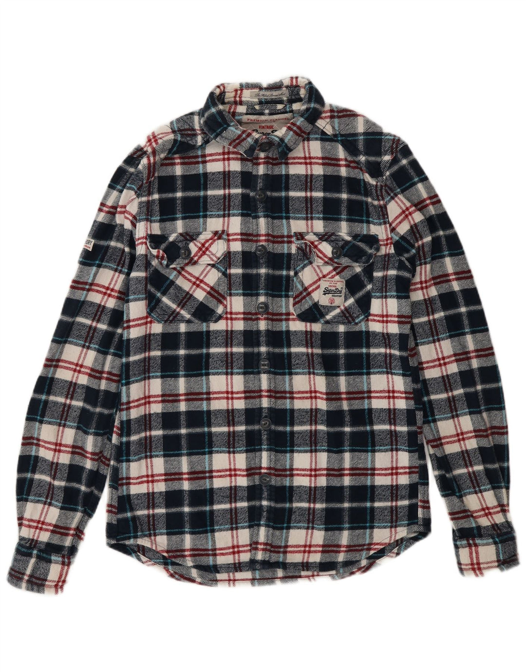 Camisa masculina de flanela SUPERDRY pequena xadrez azul marinho de algodão