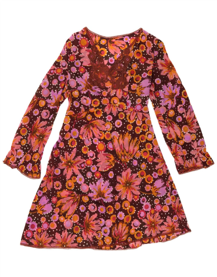 Vestido feminino VINTAGE de manga comprida evasê UK 8 pequeno floral multicolorido
