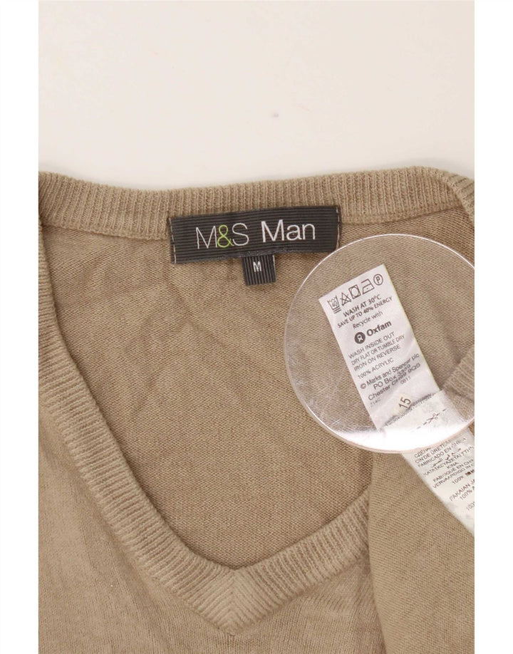 Suéter masculino Marks & Spencer com decote em V, acrílico bege médio