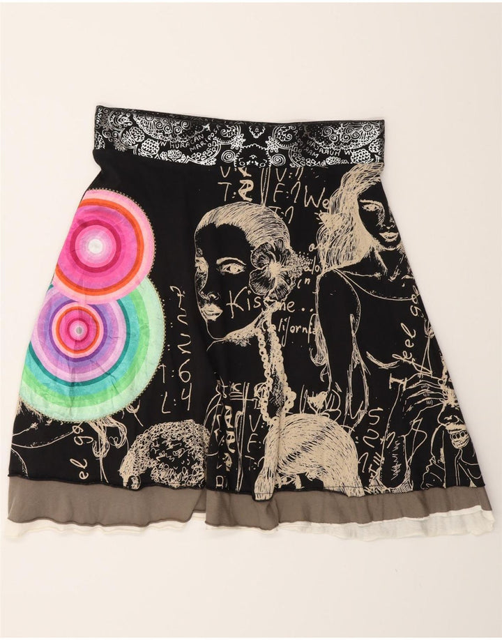 Desigual saia feminina gráfica linha A médio W30 preta geométrica