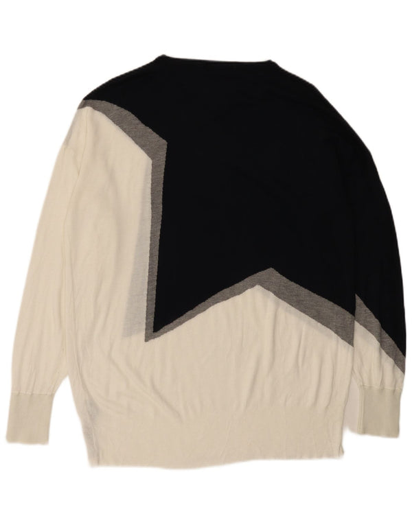 Suéter feminino Zara com gola canoa UK 16 grande branco colorblock viscose