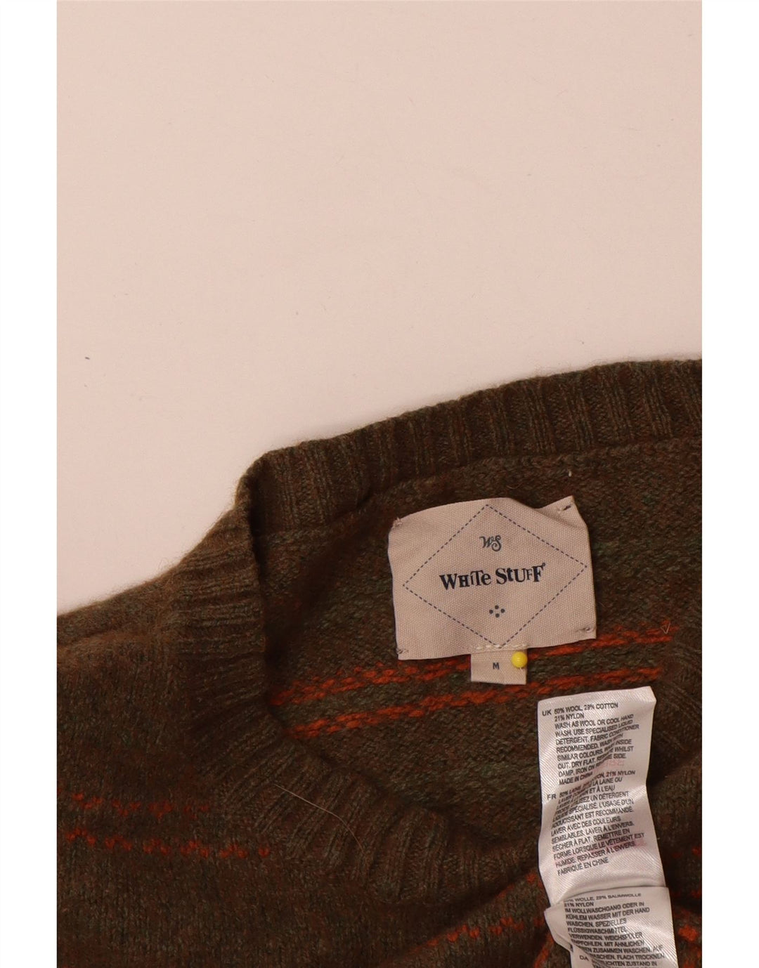 Suéter masculino branco com gola redonda, lã listrada cáqui média