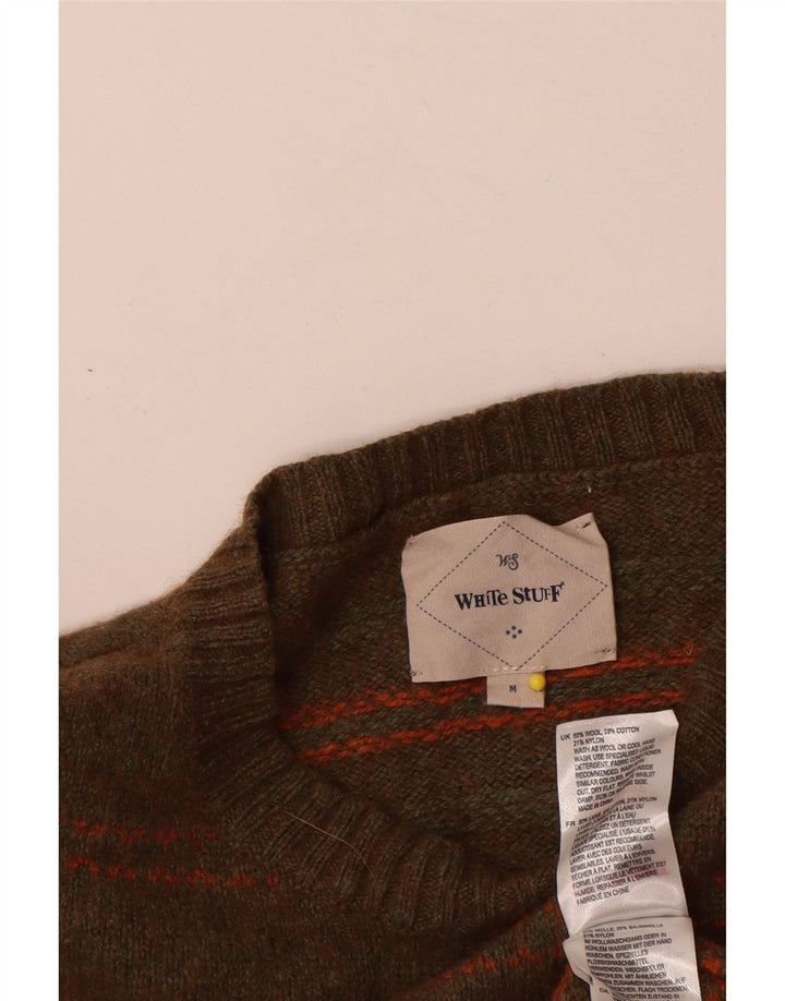 Suéter masculino branco com gola redonda, lã listrada cáqui média