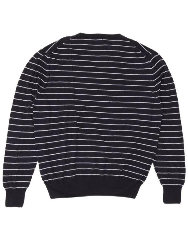 Suéter masculino vintage com decote em V 2XL algodão listrado azul marinho