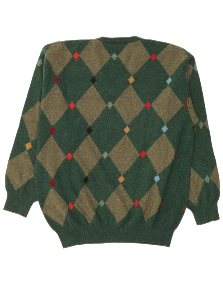 Andrea Fenzi Suéter masculino com decote em V IT 50 Médio Verde Argyle/Diamante