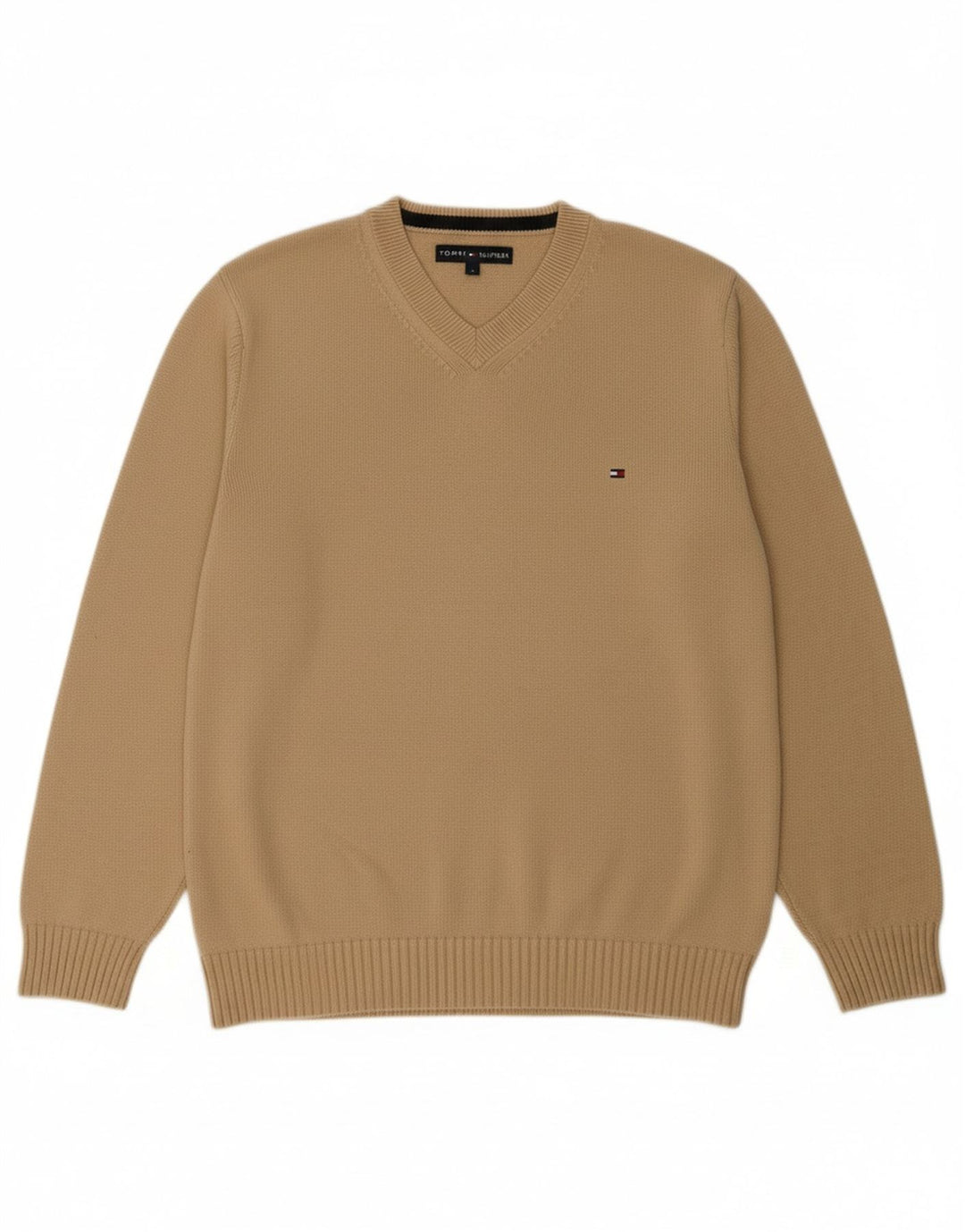 Suéter masculino TOMMY HILFIGER com decote em V de algodão bege médio