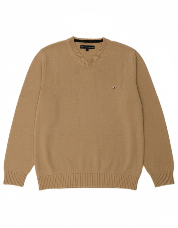 Suéter masculino TOMMY HILFIGER com decote em V de algodão bege médio