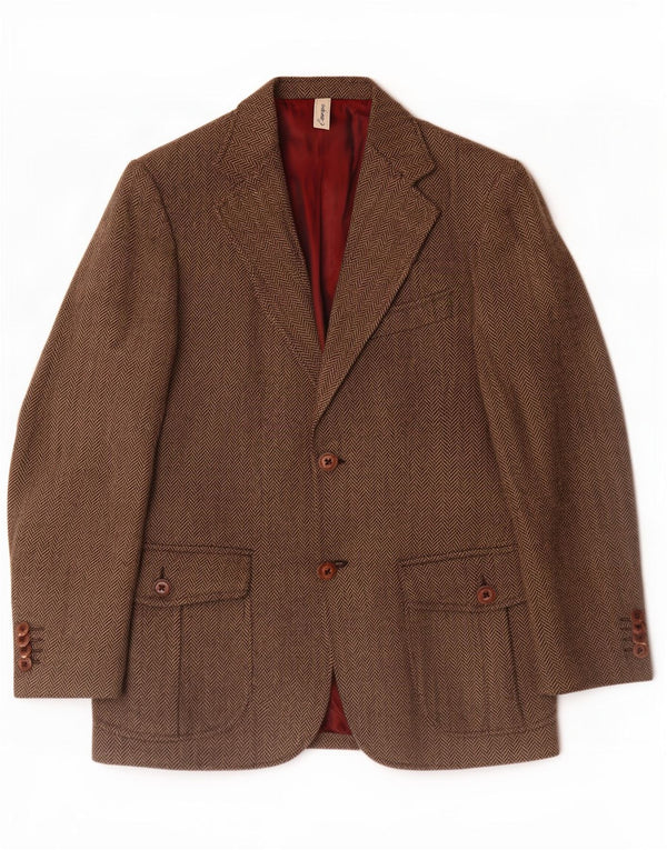 Jaqueta blazer masculina vintage com 2 botões IT 46 pequena lã espinha de peixe marrom
