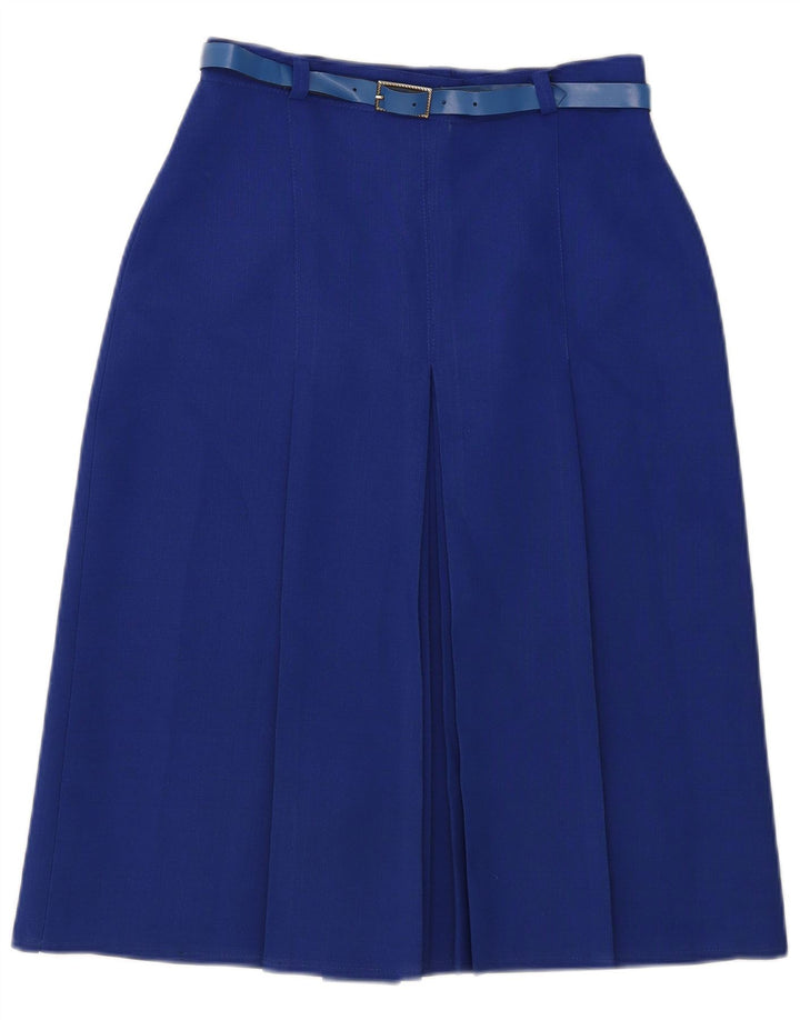 Saia plissada feminina vintage UK 14 médio W28 azul poliéster