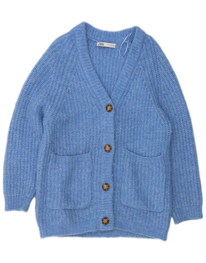 Suéter cardigã feminino Zara UK 10 pequeno poliéster manchado azul