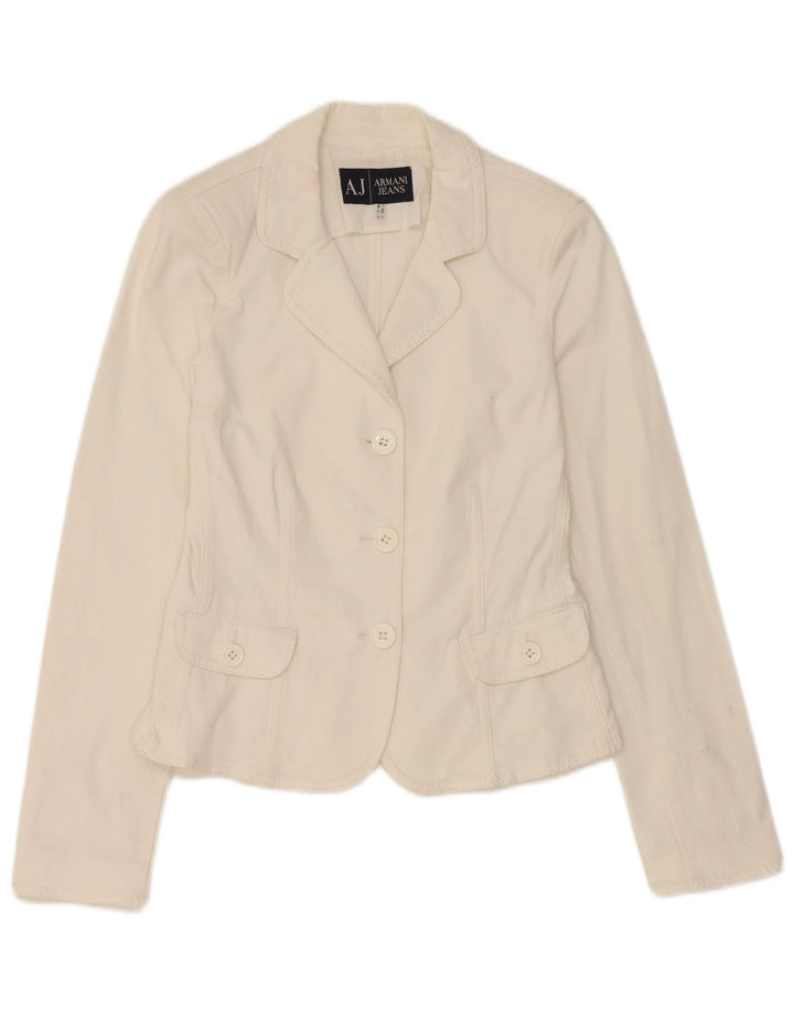 Jaqueta blazer feminina Armani Jeans com 3 botões Reino Unido 10 pequeno algodão branco