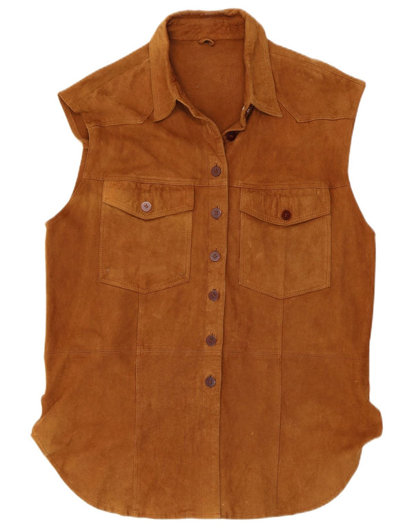 Camisa feminina vintage de camurça sem mangas Reino Unido 16 grande couro marrom