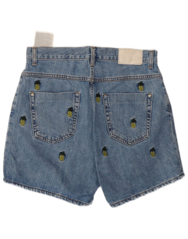Zara Shorts jeans feminino com padrão abstrato UE 38 pequeno W28 algodão azul