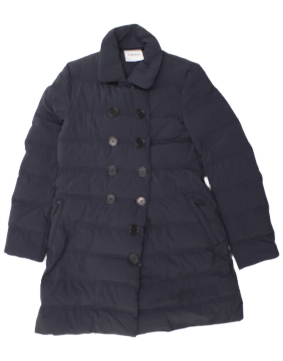 Casaco acolchoado feminino Aspesi com peito duplo UK 10 pequeno azul marinho poliamida