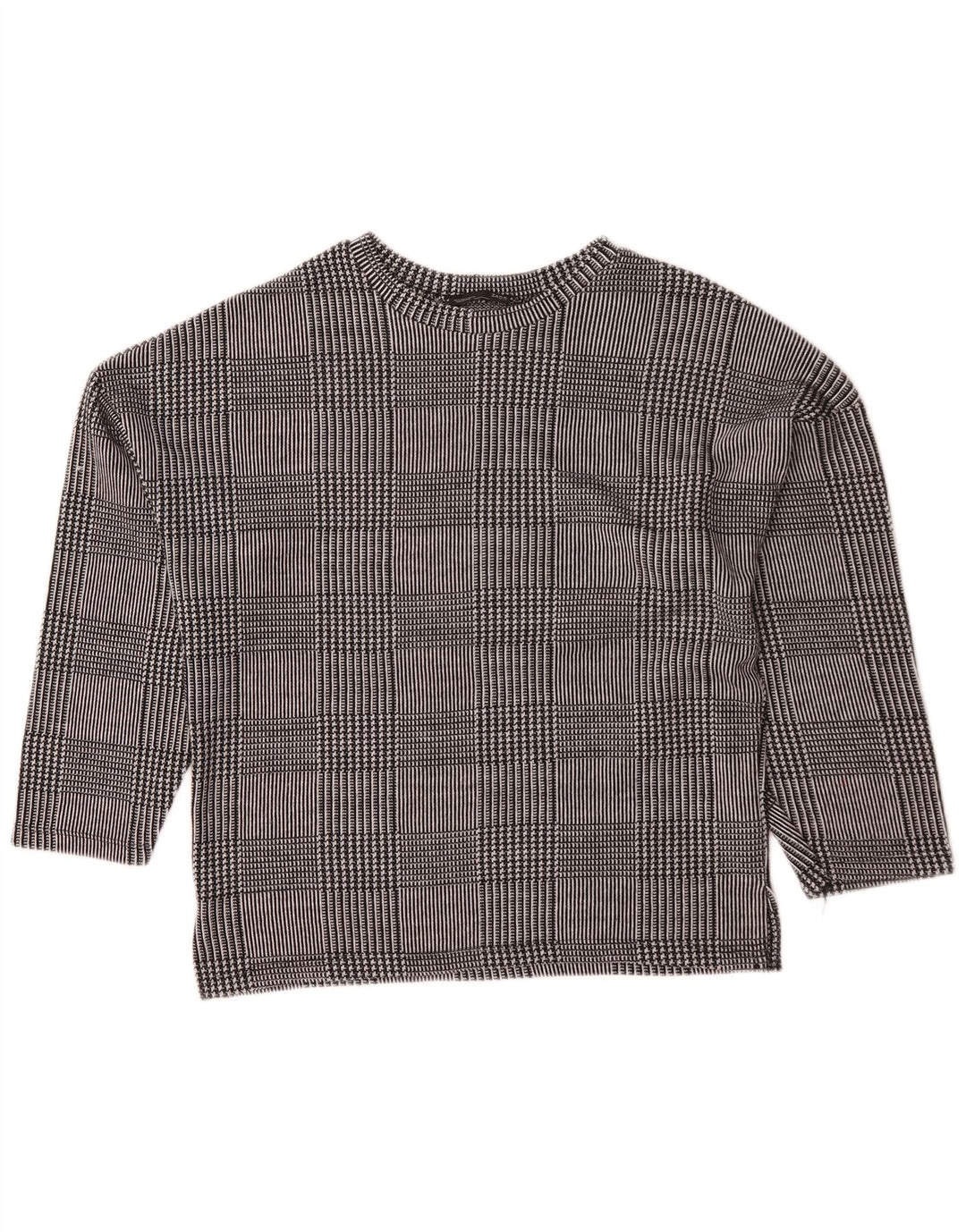 Zara Suéter feminino oversized com gola redonda Reino Unido 10 pequeno xadrez cinza