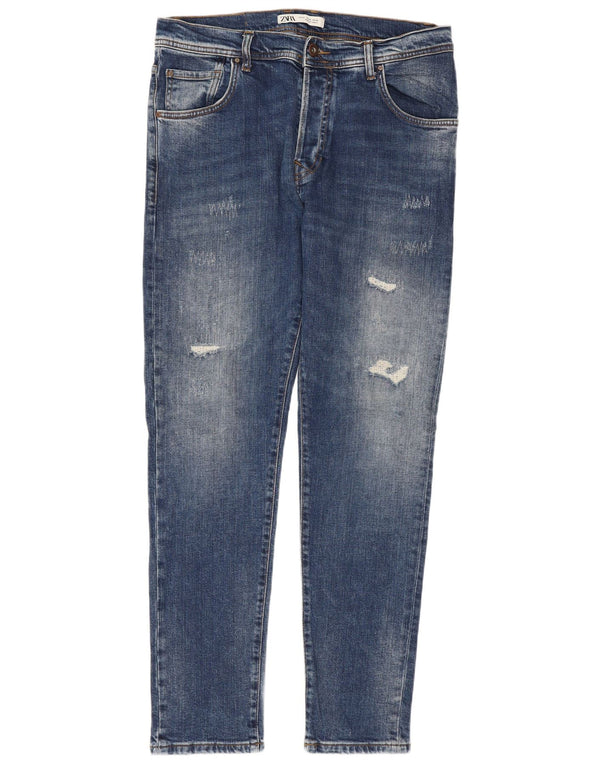 Zara Mens Distressed Slim Jeans EU 42 Grande W32 L30 Azul Algodão