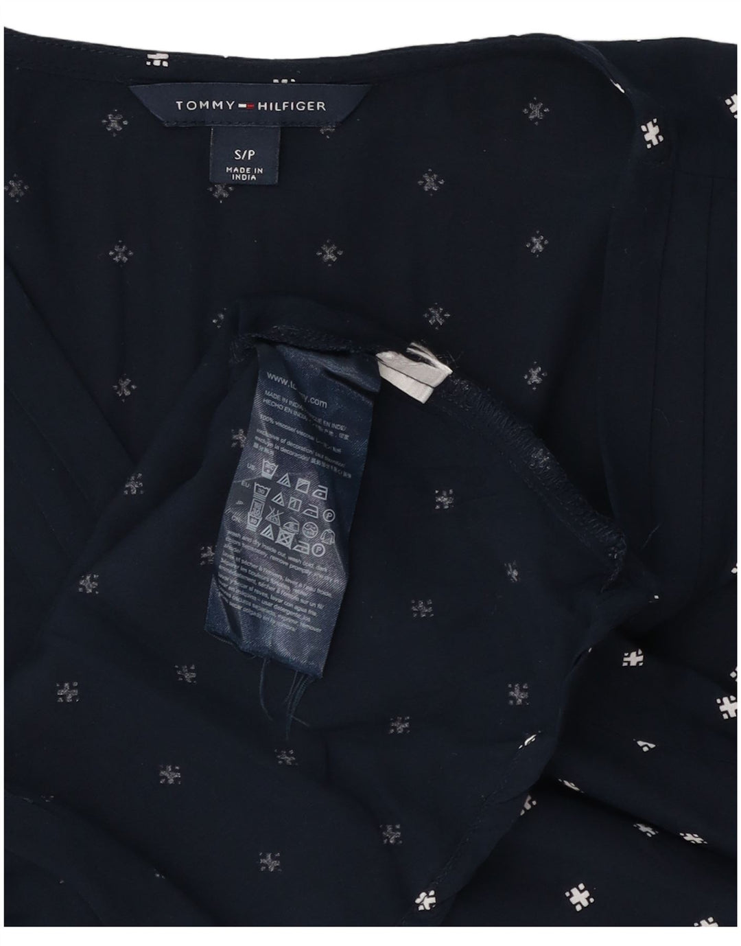 Blusa feminina Tommy Hilfiger com padrão abstrato Reino Unido 10 pequena azul marinho