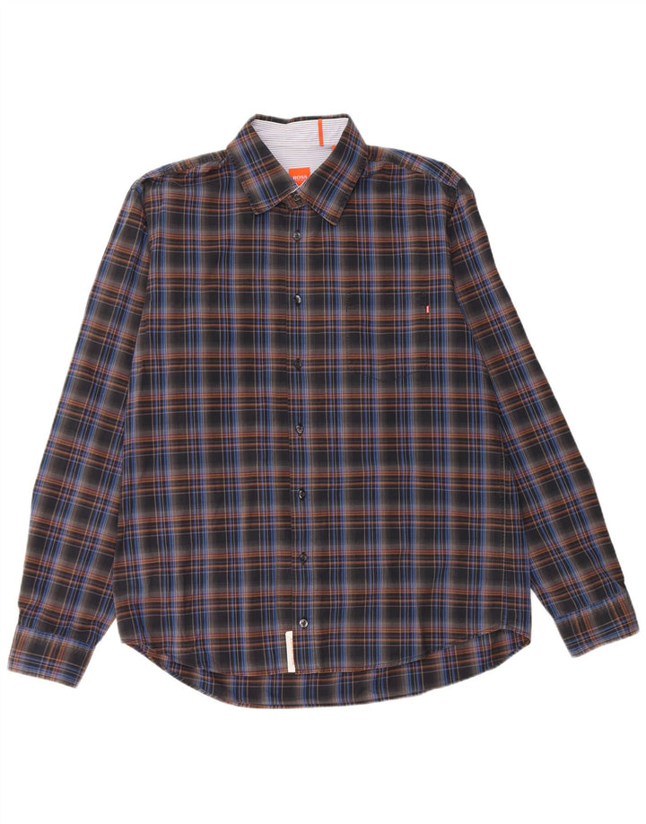 Camisa masculina Hugo Boss grande algodão xadrez preto