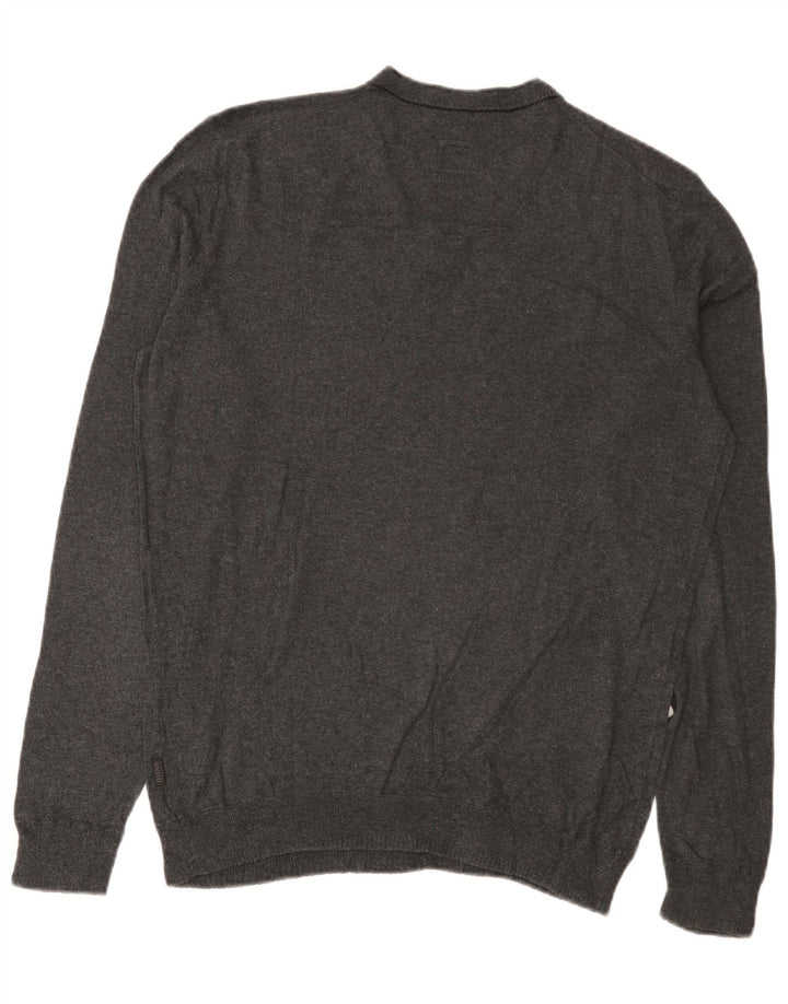 Suéter masculino Hugo Boss Slim Fit com decote em V de algodão cinza médio