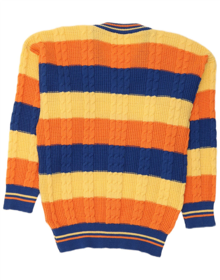 Suéter masculino vintage com decote em V médio listrado multicolorido