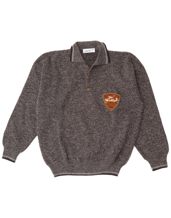 Suéter vintage masculino com gola polo e grande acrílico manchado cinza
