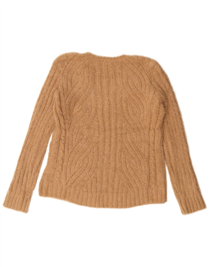 Suéter feminino Marks & Spencer com decote em V Reino Unido 14 poliéster bege médio