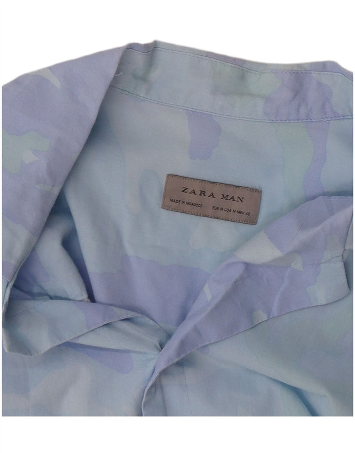 Zara Camisa masculina de manga curta com padrão abstrato azul médio