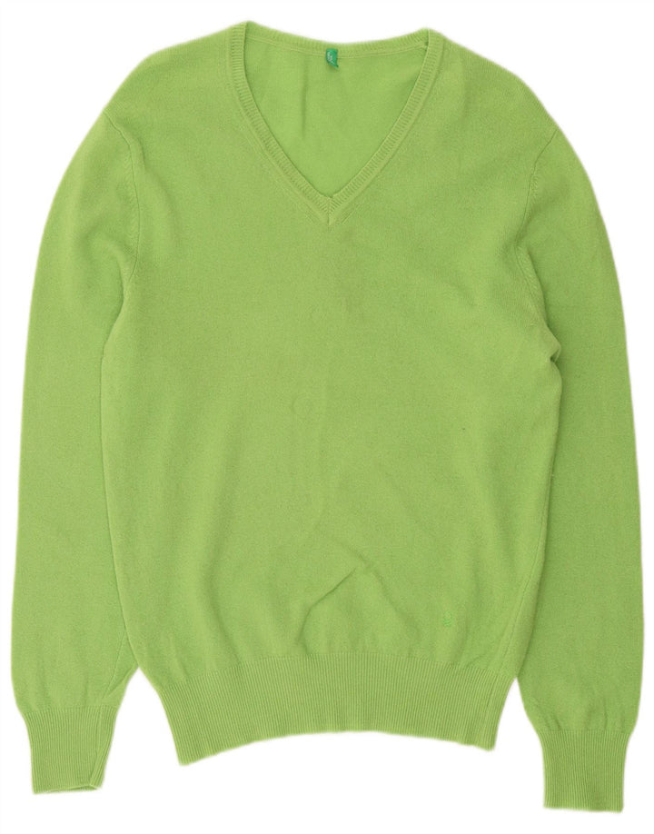 Suéter feminino Benetton com decote em V Reino Unido 14 lã verde médio