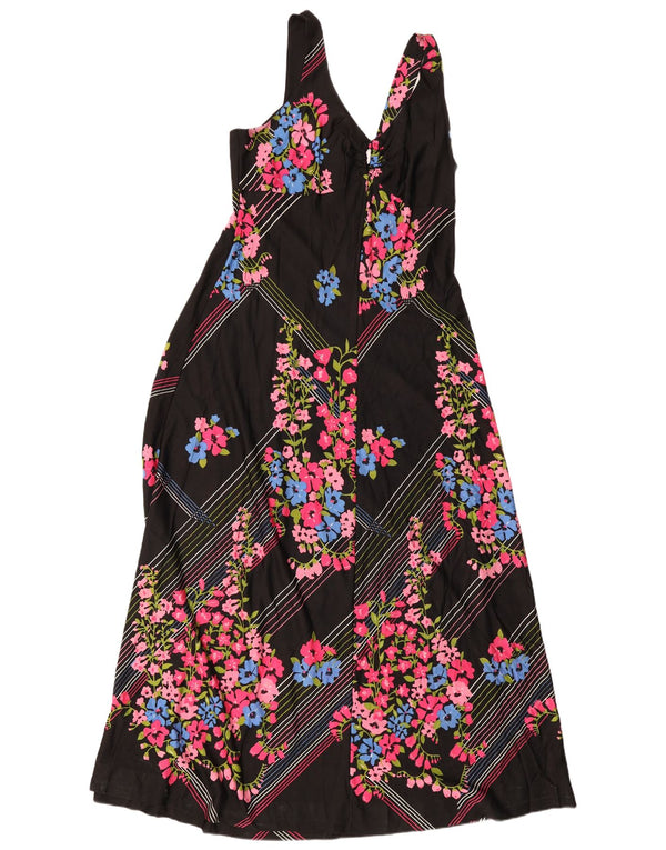 Vestido maxi feminino vintage sem mangas UK 12 médio preto floral