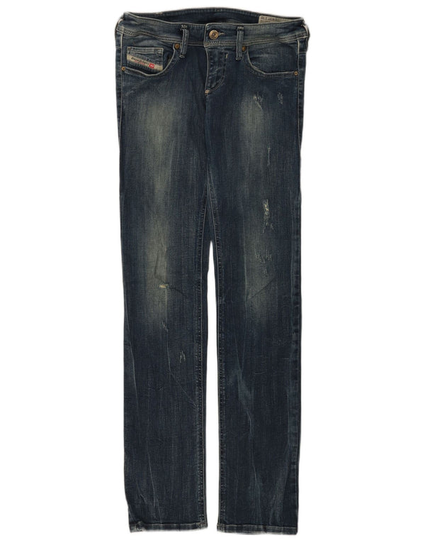 DIESEL Calça jeans feminina reta baixa e desgastada W27 L32 algodão azul