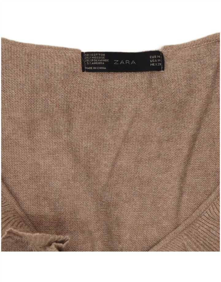 Suéter feminino Zara com babados na frente e decote em V Reino Unido 12 médio bege manchado