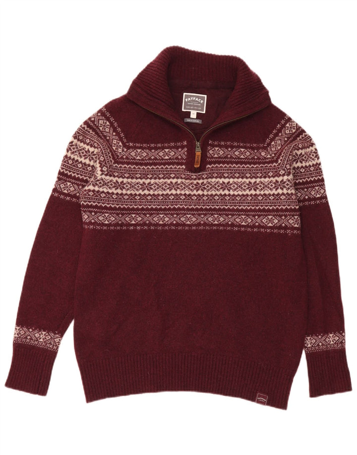 Suéter masculino Fat Face com zíper e pescoço médio Borgonha Fair Isle Wool