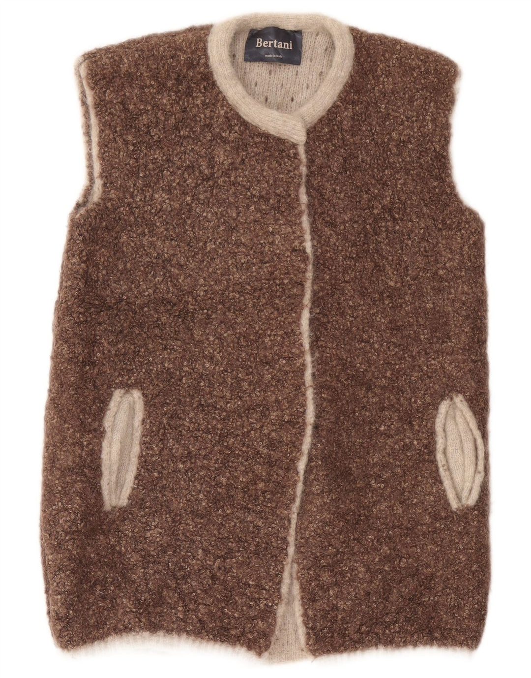 Suéter cardigã aberto sem mangas feminino vintage Reino Unido 14 marrom médio