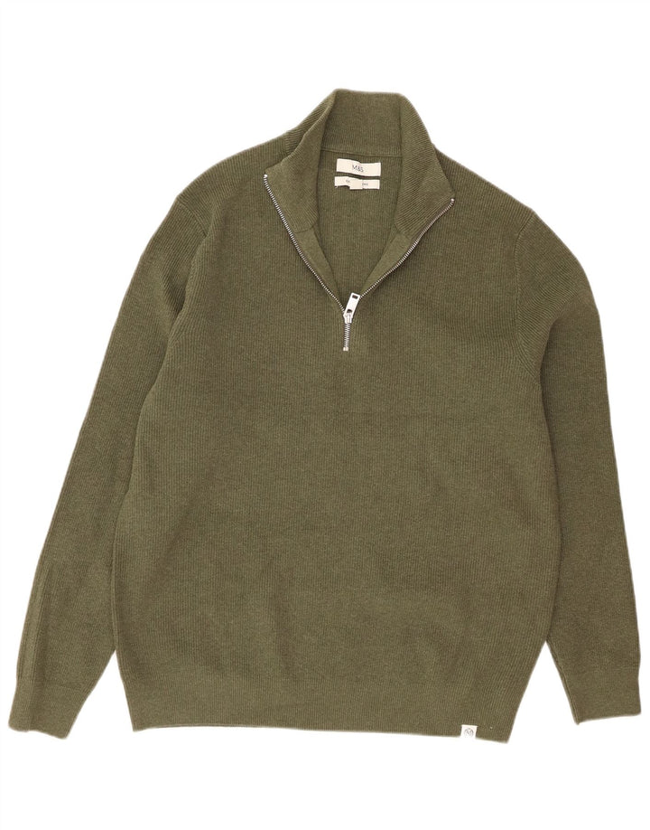 Suéter masculino Marks & Spencer com zíper e gola em poliéster verde grande
