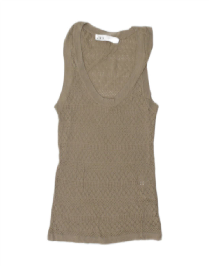 Zara Top feminino transparente com colete UK 12 Viscose bege médio