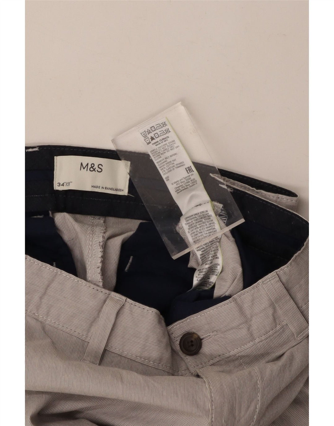 MARKS & SPENCER Mens Slim Chino Trousers W34 L31 Grey Pinstripe Cotton Vintage Marks & Spencer and Second-Hand Marks & Spencer from Messina Hembry 