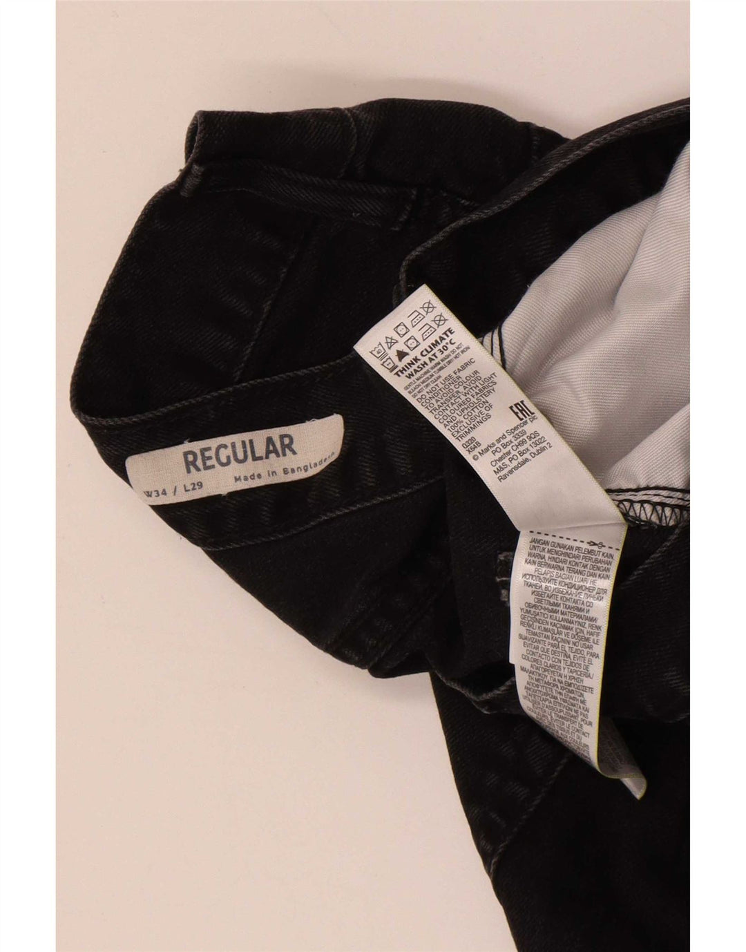 Calça jeans reta regular masculina Marks & Spencer W34 L29 algodão preto