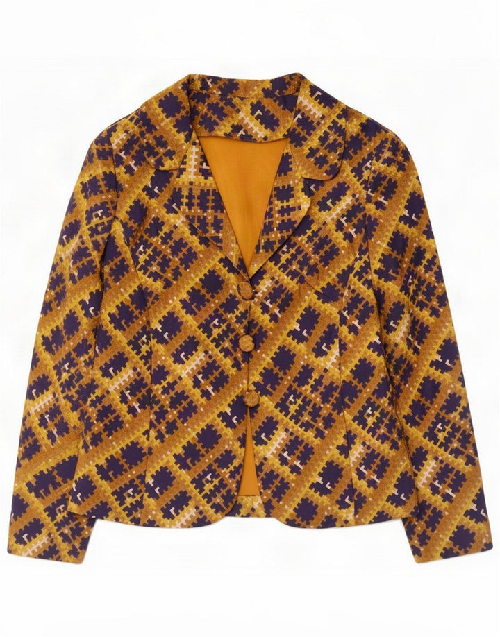 Jaqueta blazer feminina vintage de 3 botões Reino Unido 12 amarelo médio geométrico